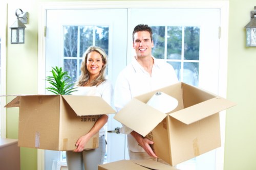 Commercial office moving process in Highbury with labelled boxes and transport