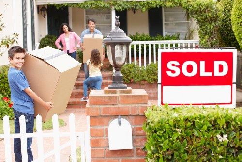 Packed office furniture and equipment prepared for relocation