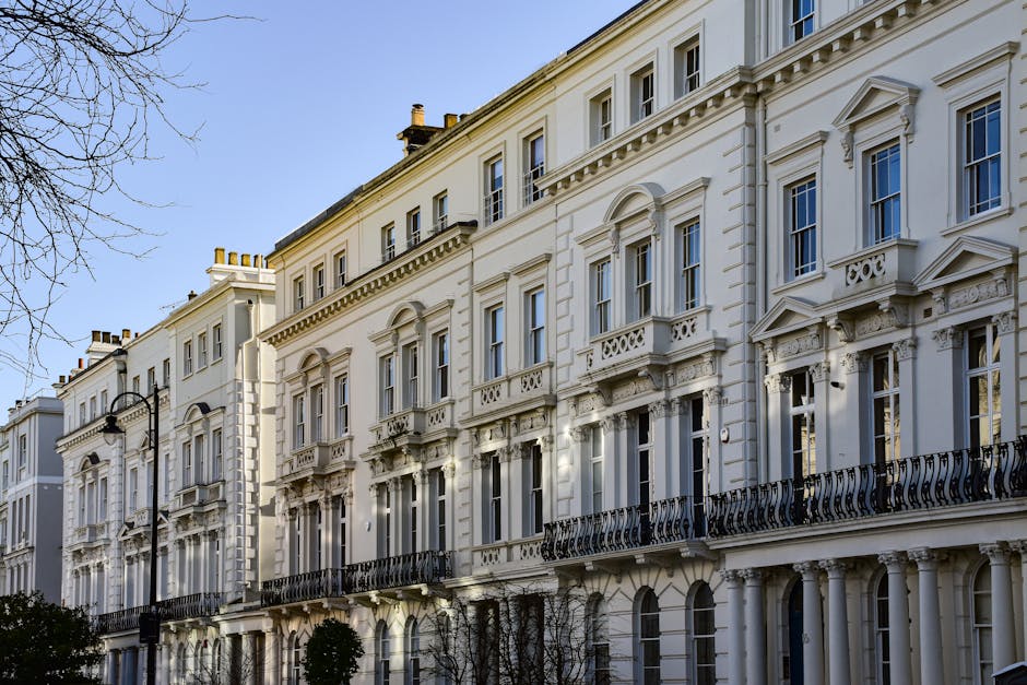 A row of elegant, white Victorian-style terraced houses with detailed decorative mouldings and black wrought-iron balconies lining the upper floors, under a clear blue sky. The buildings feature multiple large sash windows and ornate cornices, with some windows open or closed, and the facades are well-maintained. A black street lamp is mounted on a pole near the sidewalk in front of the houses. The scene depicts an outdoor residential area typical of high-end flats or townhouses in Highbury, suitable for house removals or relocation services. In the foreground, a tree with bare branches partially frames the left side of the image, and the sidewalk is visible at the bottom, with some greenery. This setting provides context for exterior home relocation logistics, such as furniture transport and packing during a move with professional services like Man with Van Highbury.