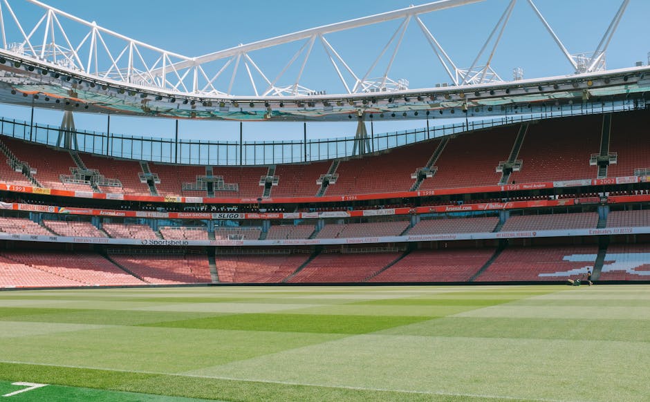 A wide view of the interior of the Emirates Stadium during daylight, showing the empty football pitch with freshly cut green grass and clearly marked white lines, surrounded by tiered seating in shades of red and pink. The stadium has multiple levels of seating with black railings and advertising banners, some displaying the Arsenal football club logo and sponsors. Overhead, a large white steel roof structure with supporting cables extends across the open-air arena under a clear blue sky. The image captures the vast scale of the venue from the pitch level to the uppermost tiers, with natural sunlight illuminating the entire scene. Although this image is unrelated directly to house removals or moving services, it visually exemplifies a relocation project involving complex logistics and transportation considerations, akin to those managed by Man with Van Highbury during a house or stadium move.